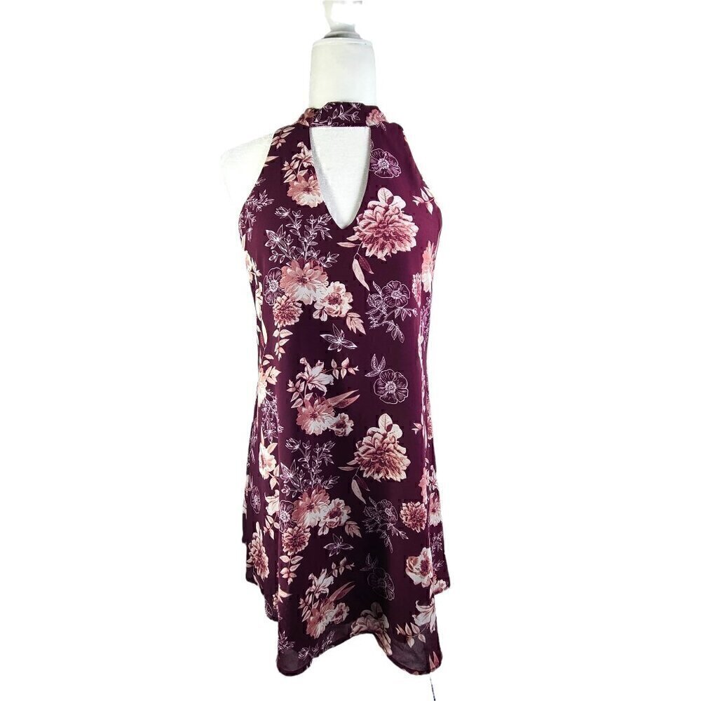 Miami Red Burgundy Floral Y2K High Neck Cut out Sleeveless Swing Party Dress